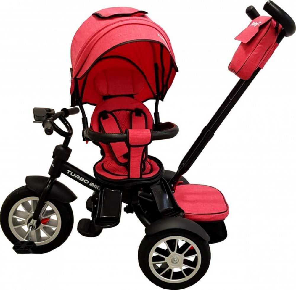Baby Care Tricicleta pentru copii Turbo Bike Rosu Corai cu Far luminos Roti din cauciuc Pozitie somn Pedale si maner pentru parinti Scaun reversibil cu invartire 360 grade Cadru metalic Dimensiuni 110X45X90 cm