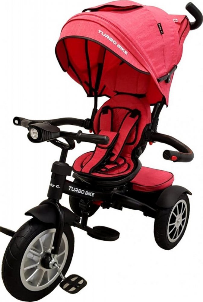Baby Care Tricicleta pentru copii Turbo Bike Rosu Corai cu Far luminos Roti din cauciuc Pozitie somn Pedale si maner pentru parinti Scaun reversibil cu invartire 360 grade Cadru metalic Dimensiuni 110X45X90 cm