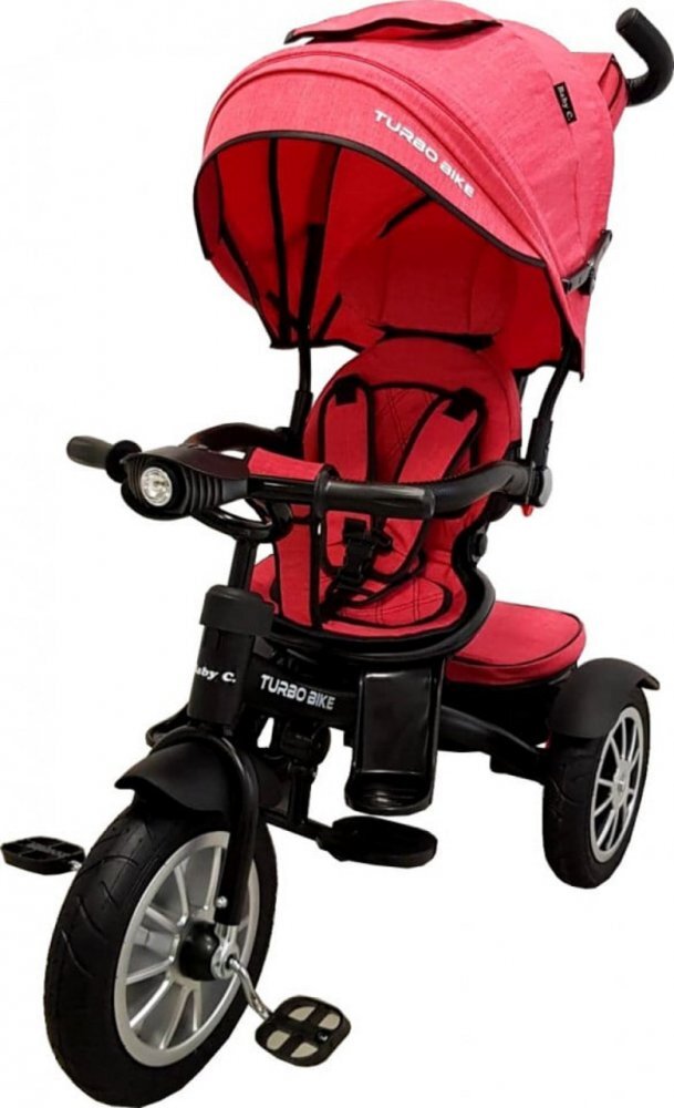 Baby Care Tricicleta pentru copii Turbo Bike Rosu Corai cu Far luminos Roti din cauciuc Pozitie somn Pedale si maner pentru parinti Scaun reversibil cu invartire 360 grade Cadru metalic Dimensiuni 110X45X90 cm
