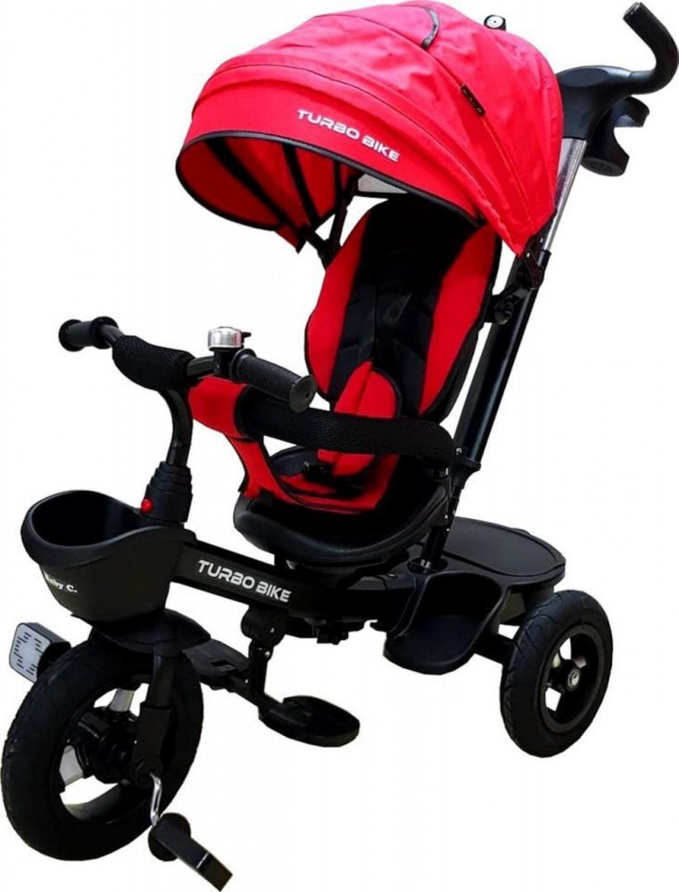 Baby Care Tricicleta pentru copii Turbo Bike Rosu cu copertina roti din cauciuc pozitie somn maner pentru parinti scaun reversibil cu invartire 360 grade cadru metalic dimensiuni 110x45x90 cm