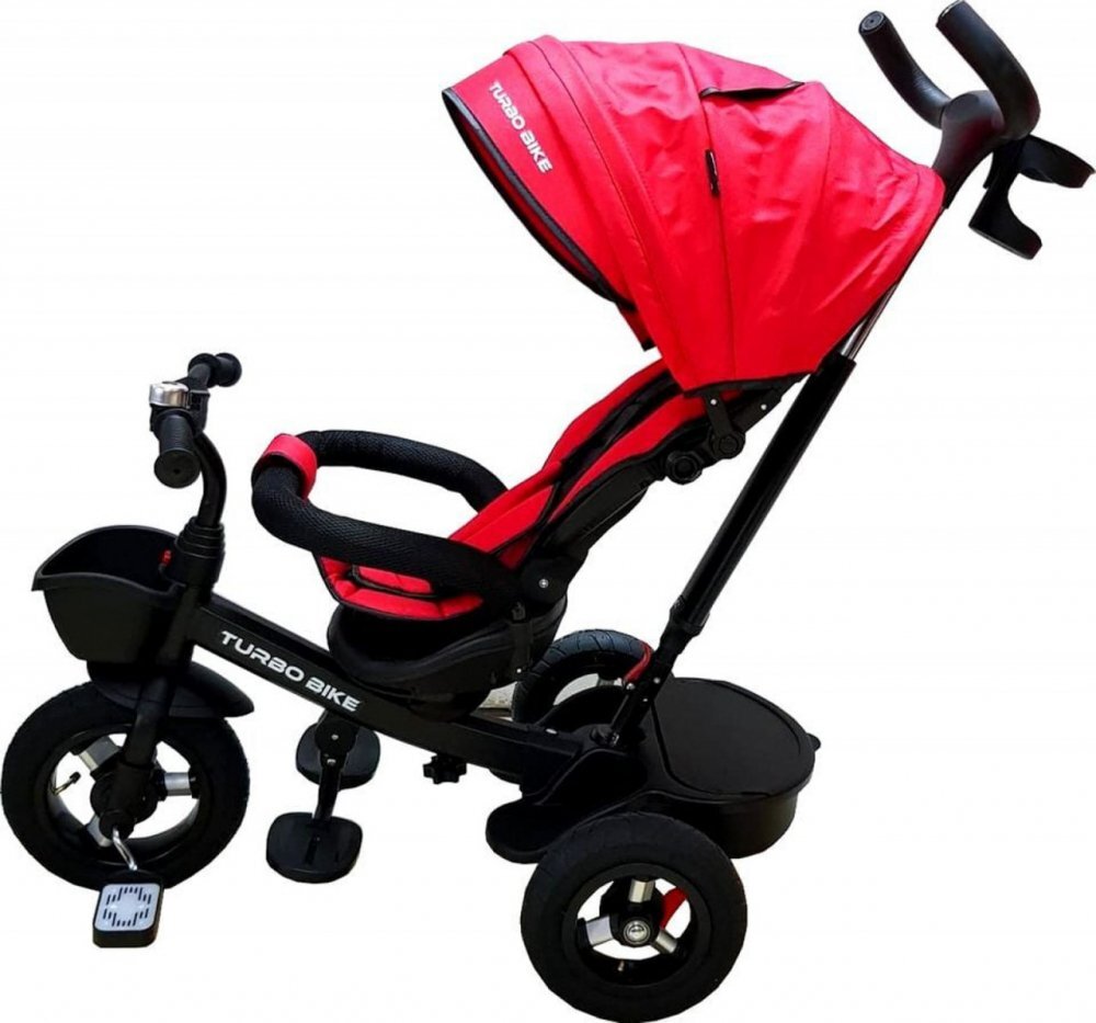 Baby Care Tricicleta pentru copii Turbo Bike Rosu cu copertina roti din cauciuc pozitie somn maner pentru parinti scaun reversibil cu invartire 360 grade cadru metalic dimensiuni 110x45x90 cm
