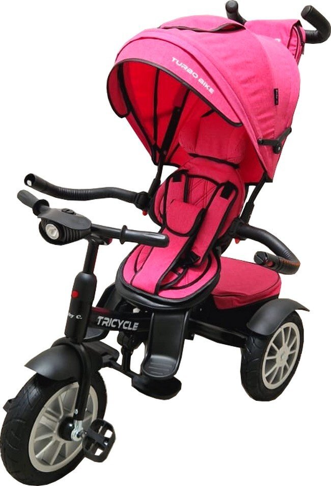 Baby Care Tricicleta pentru copii Turbo Bike Roz cu Far luminos Roti din cauciuc Pozitie somn Pedale si maner pentru parinti Scaun reversibil cu invartire 360 grade Cadru metalic Dimensiuni 110X45X90 cm