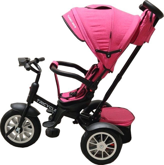 Baby Care Tricicleta pentru copii Turbo Bike Roz cu Far luminos Roti din cauciuc Pozitie somn Pedale si maner pentru parinti Scaun reversibil cu invartire 360 grade Cadru metalic Dimensiuni 110X45X90 cm