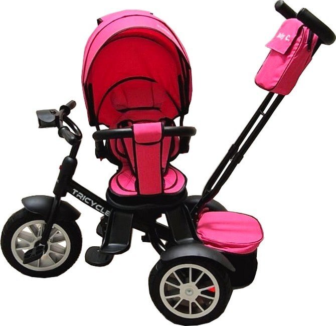Baby Care Tricicleta pentru copii Turbo Bike Roz cu Far luminos Roti din cauciuc Pozitie somn Pedale si maner pentru parinti Scaun reversibil cu invartire 360 grade Cadru metalic Dimensiuni 110X45X90 cm