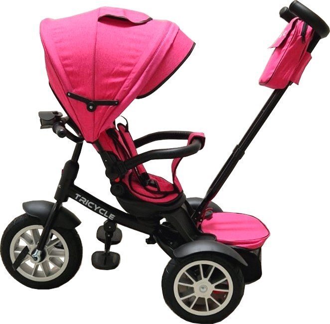 Baby Care Tricicleta pentru copii Turbo Bike Roz cu Far luminos Roti din cauciuc Pozitie somn Pedale si maner pentru parinti Scaun reversibil cu invartire 360 grade Cadru metalic Dimensiuni 110X45X90 cm