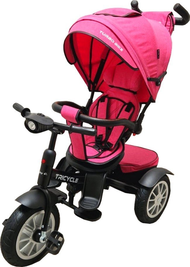 Baby Care Tricicleta pentru copii Turbo Bike Roz cu Far luminos Roti din cauciuc Pozitie somn Pedale si maner pentru parinti Scaun reversibil cu invartire 360 grade Cadru metalic Dimensiuni 110X45X90 cm
