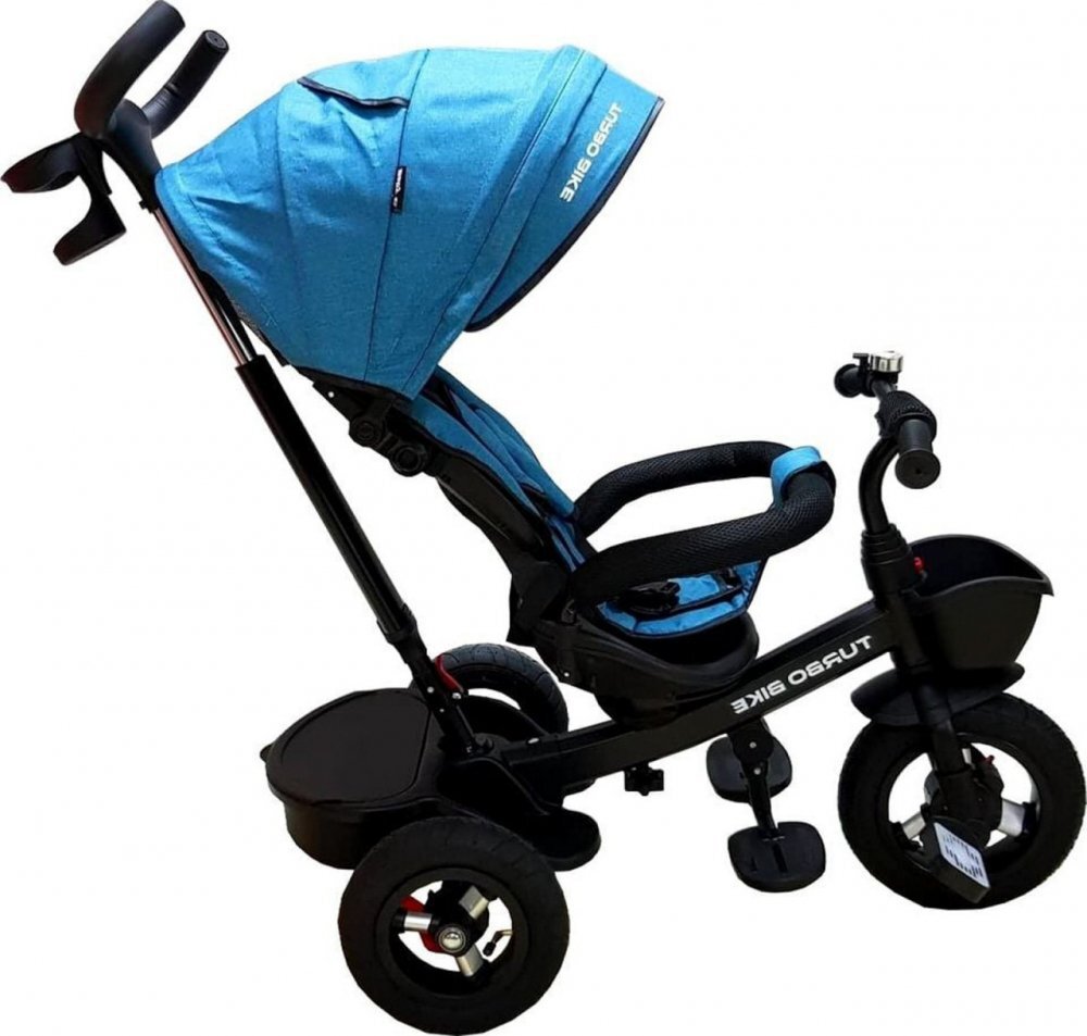 Baby Care Tricicleta pentru copii Turbo Bike Turquoise cu copertina roti din cauciuc pozitie somn maner pentru parinti scaun reversibil cu invartire 360 grade cadru metalic dimensiuni 110x45x90 cm