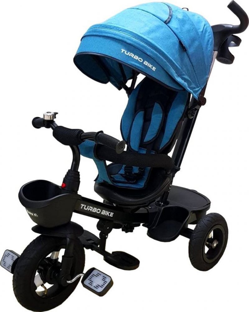 Baby Care Tricicleta pentru copii Turbo Bike Turquoise cu copertina roti din cauciuc pozitie somn maner pentru parinti scaun reversibil cu invartire 360 grade cadru metalic dimensiuni 110x45x90 cm