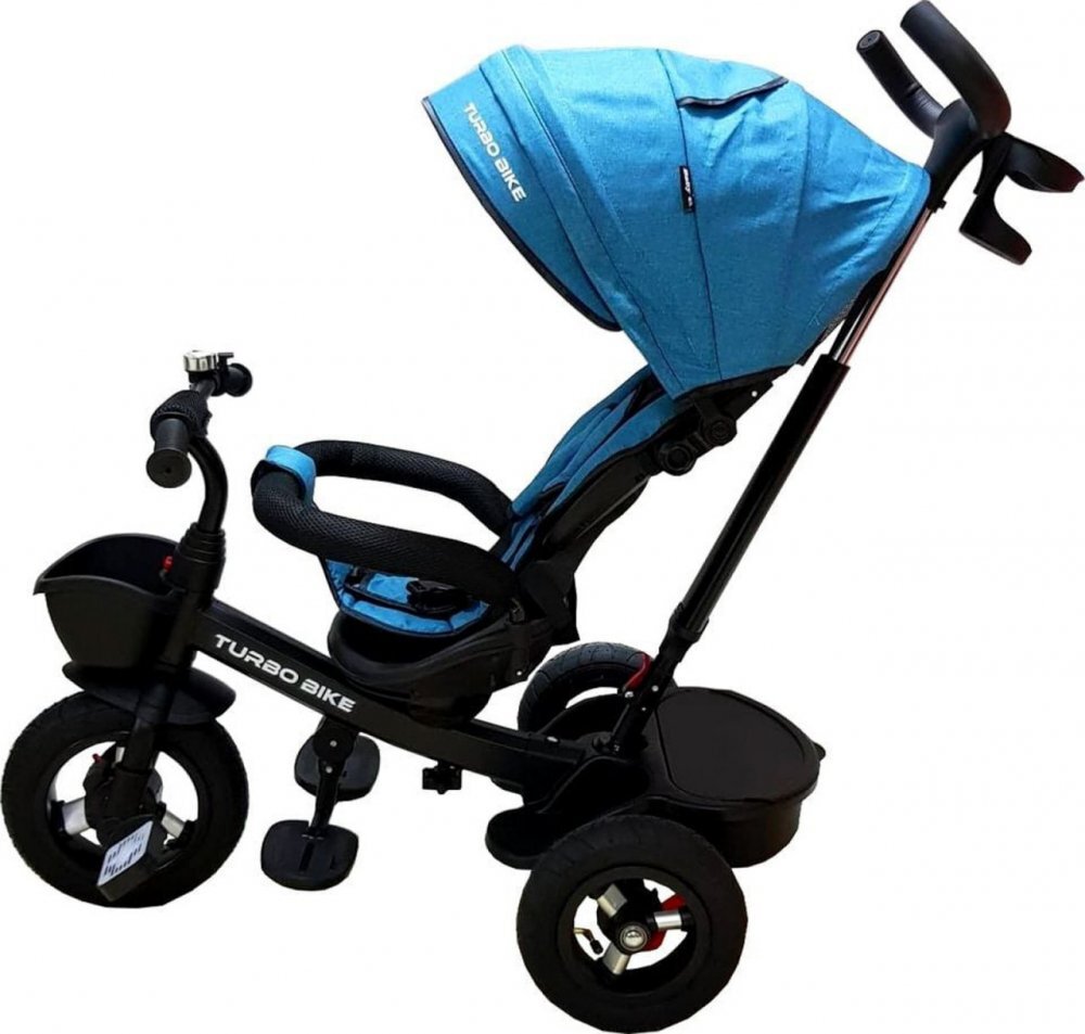 Baby Care Tricicleta pentru copii Turbo Bike Turquoise cu copertina roti din cauciuc pozitie somn maner pentru parinti scaun reversibil cu invartire 360 grade cadru metalic dimensiuni 110x45x90 cm