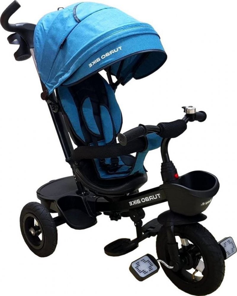 Baby Care Tricicleta pentru copii Turbo Bike Turquoise cu copertina roti din cauciuc pozitie somn maner pentru parinti scaun reversibil cu invartire 360 grade cadru metalic dimensiuni 110x45x90 cm