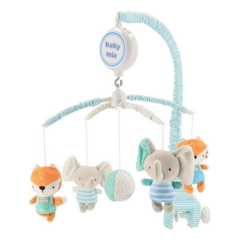 BABY MIX Carusel muzical pentru patut cu 5 jucarii din plus Elephants and foxes