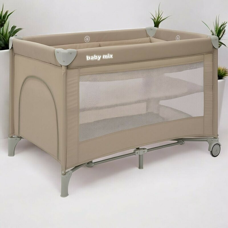 BABY MIX Patut pliabil Beige cu doua nivele 120x60 cm intrare laterala cu fermoar 2 roti