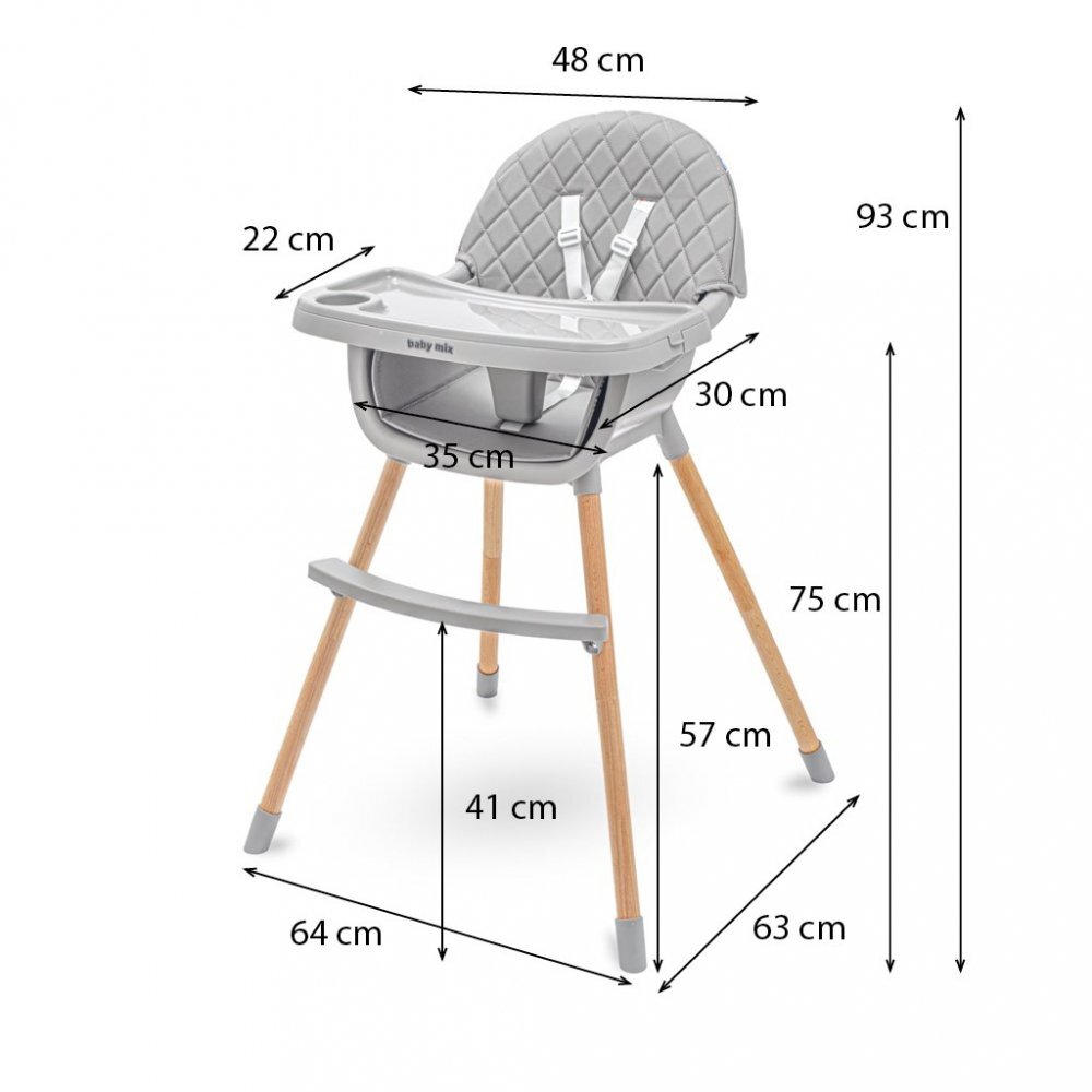 BABY MIX Scaun de masa 2in1 transformabil in scaunel clasic cu cos pentru accesoriihusa detasabilatavita dubla detasabilacentura de siguranta si suport picioare Freja Wooden Dark Grey