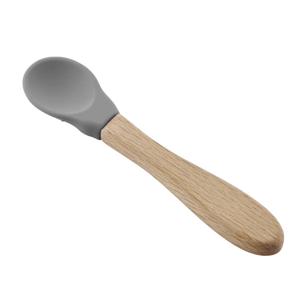 BabyJem Lingurita cu maner din lemn si cupa silicon Gri