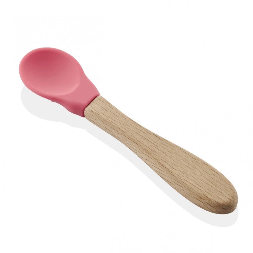 BabyJem Lingurita cu maner din lemn si cupa silicon Roz