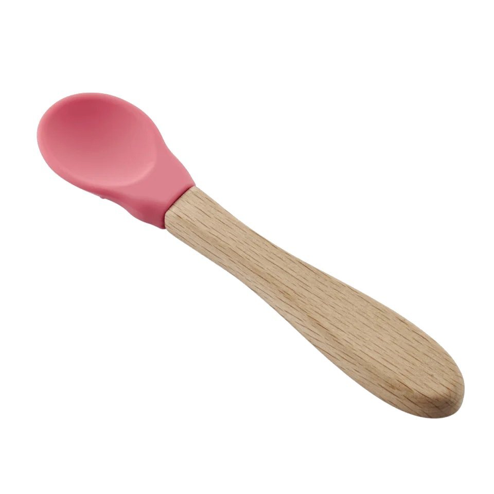 BabyJem Lingurita cu maner din lemn si cupa silicon Roz