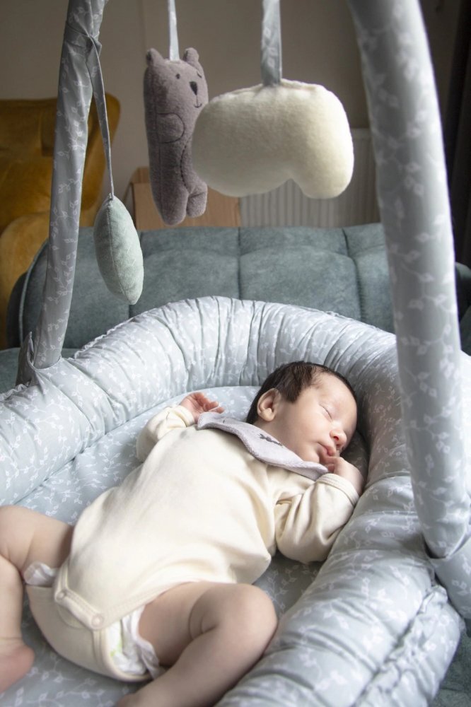 BabyJem Salteluta Baby Nest cu bara jucarii Between parents Gri