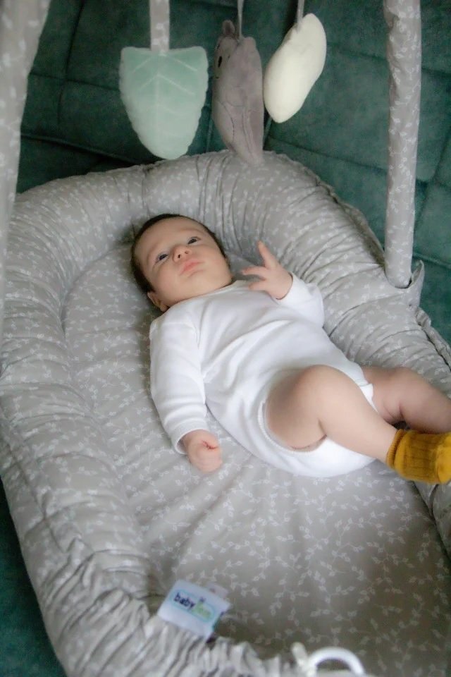 BabyJem Salteluta Baby Nest cu bara jucarii Between parents Gri