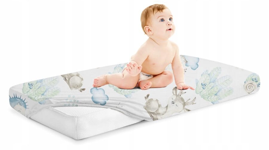 BabyMam Cearceaf cu banda elastica 160x80 cm Blue Forest Animals