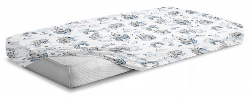 BabyMam Cearceaf cu banda elastica pentru pat copii 100 bumbac dimensiune 90 x 40 cm Blue Elephant