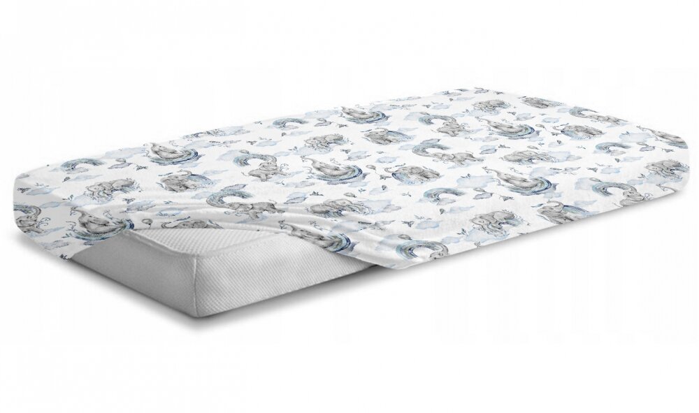 BabyMam Cearceaf cu banda elastica pentru pat copii 100 bumbac dimensiune 90 x 40 cm Blue Elephant