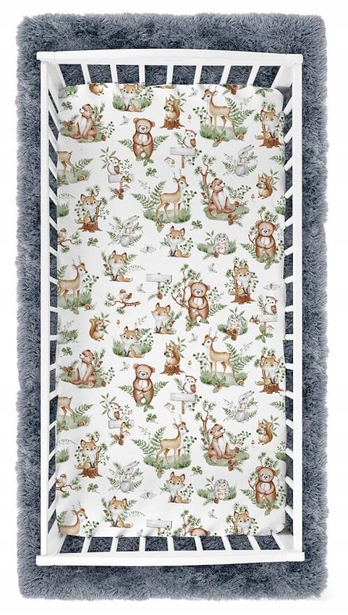 BabyMam Cearceaf cu banda elastica pentru pat copii dimensiune 120 x 60 cm 100 bumbac Forest Animals