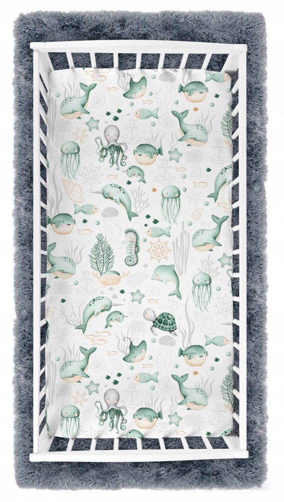 BabyMam Cearceaf cu banda elastica pentru pat copii dimensiune 120 x 60 cm 100 bumbac Green Sea Animals