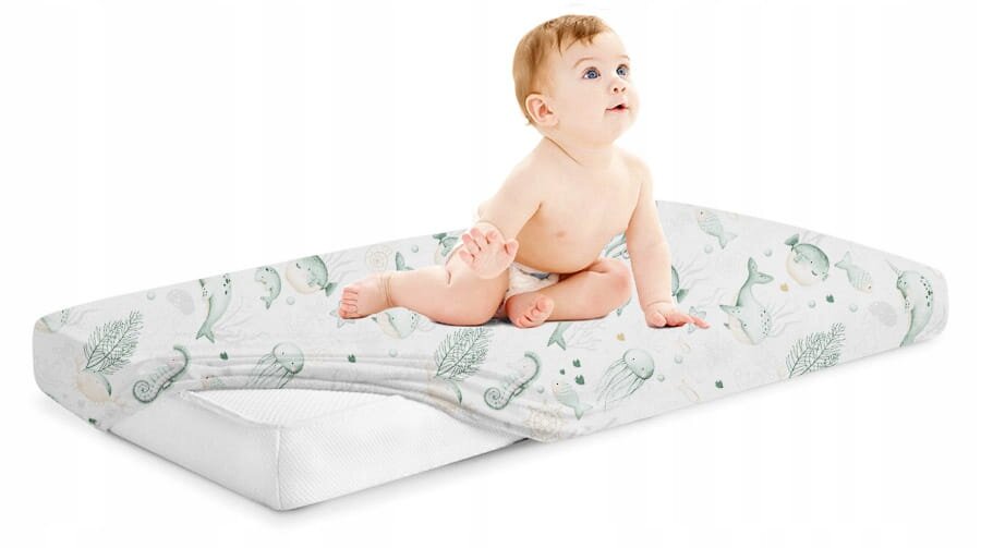 BabyMam Cearceaf cu banda elastica pentru pat copii dimensiune 120 x 60 cm 100 bumbac Green Sea Animals