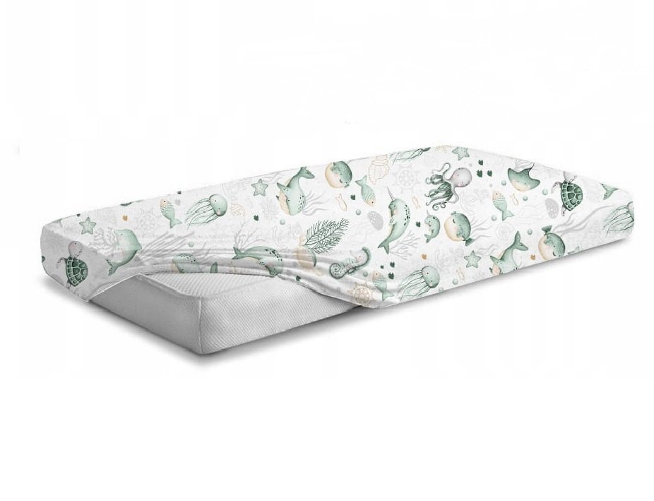 BabyMam Cearceaf cu banda elastica pentru pat copii dimensiune 120 x 60 cm 100 bumbac Green Sea Animals