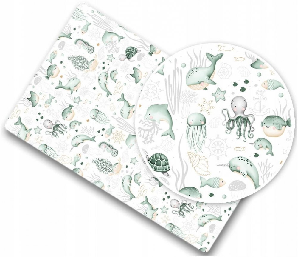 BabyMam Cearceaf cu banda elastica pentru pat copii dimensiune 120 x 60 cm 100 bumbac Green Sea Animals