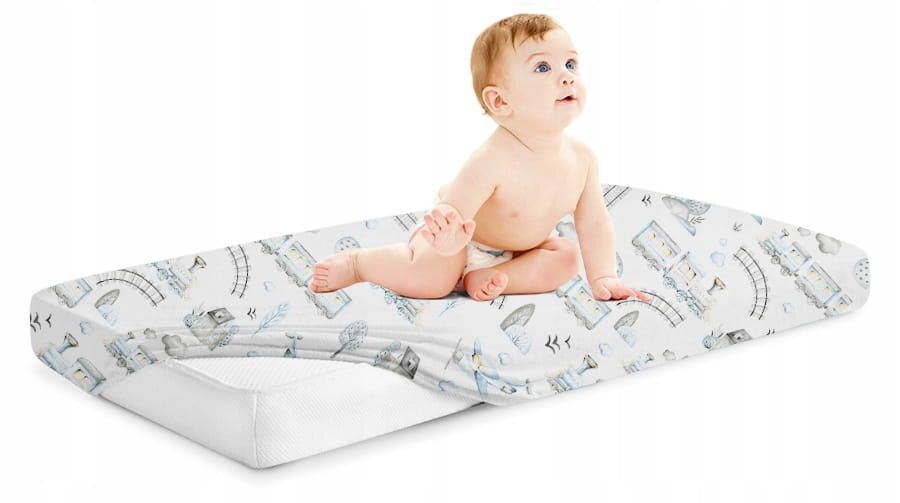 BabyMam Cearceaf cu banda elastica pentru pat copii dimensiune 160 x 80 cm 100 bumbac retro train