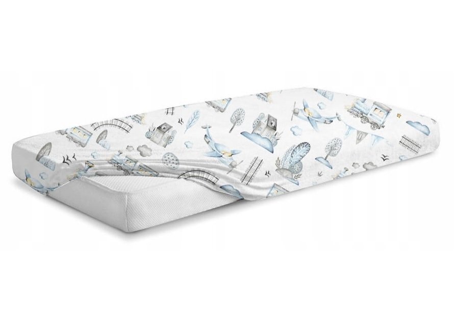 BabyMam Cearceaf cu banda elastica pentru pat copii dimensiune 160 x 80 cm 100 bumbac retro train