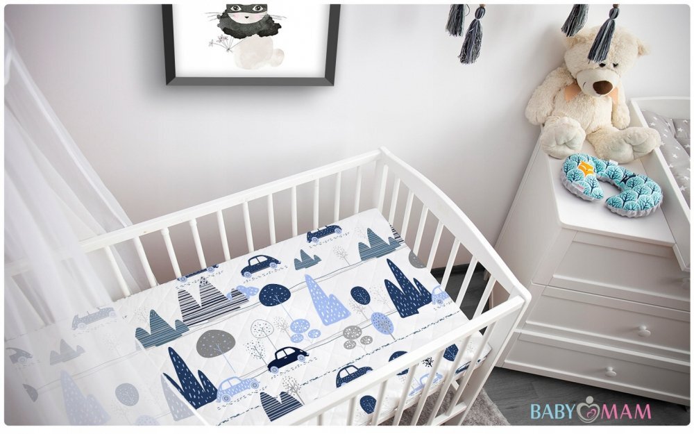 BabyMam Cearceaf cu banda elastica pentru pat copii dimensiune 160x80 cm 100 bumbac blue cars
