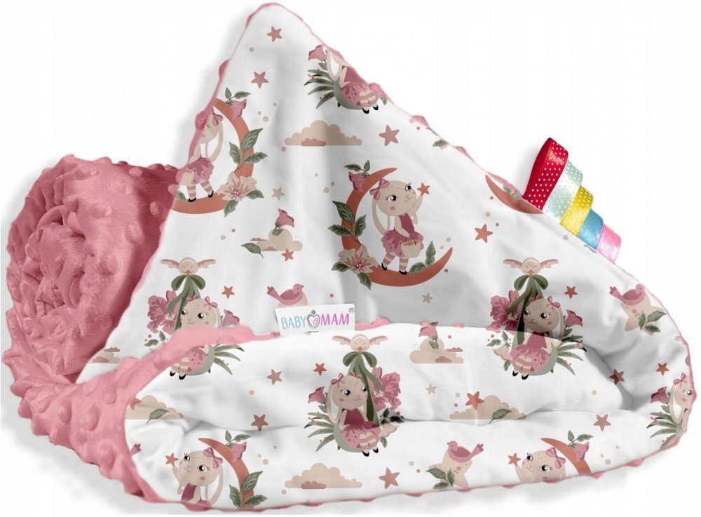 BabyMam Paturica pentru copii versatila realizata cu doua fete dimensiune 75 x 100 cm model minky Pink Bunny Girl