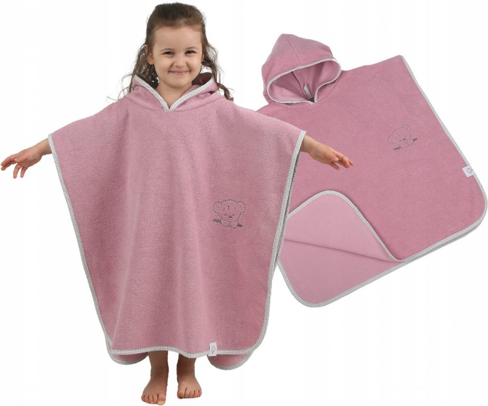 BabyMam Poncho de baie pentru copii retro Pink 126 x 60 cm realizat din bumbac moale cu agatatoare cuier