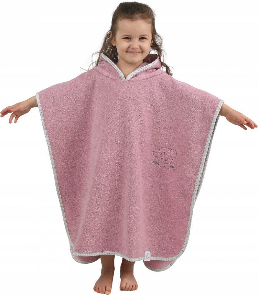 BabyMam Poncho de baie pentru copii retro Pink 126 x 60 cm realizat din bumbac moale cu agatatoare cuier