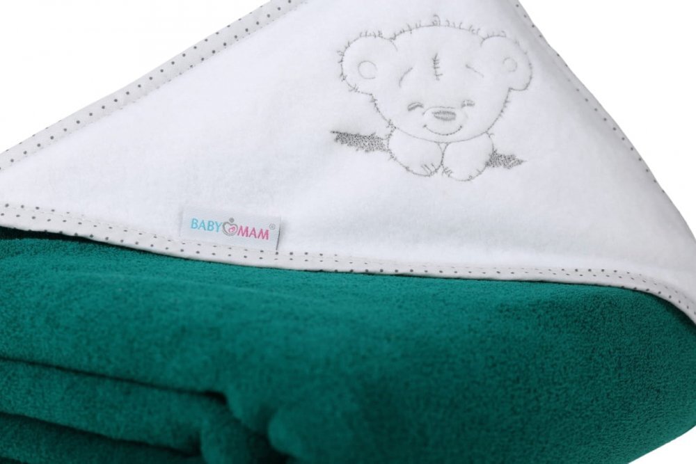 BabyMam Prosop de baie pentru copii prevazut cu capison decorat cu broderie vesela 100 bumbac dimensiune 100 x 100 cm Teddy Bear Green