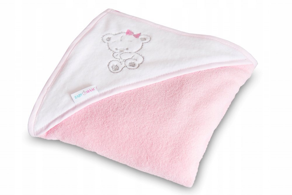 BabyMam Prosop de baie pentru copii prevazut cu capison decorat cu broderie vesela 100 bumbac dimensiune 100 x 100 cm Teddy Bear Pink
