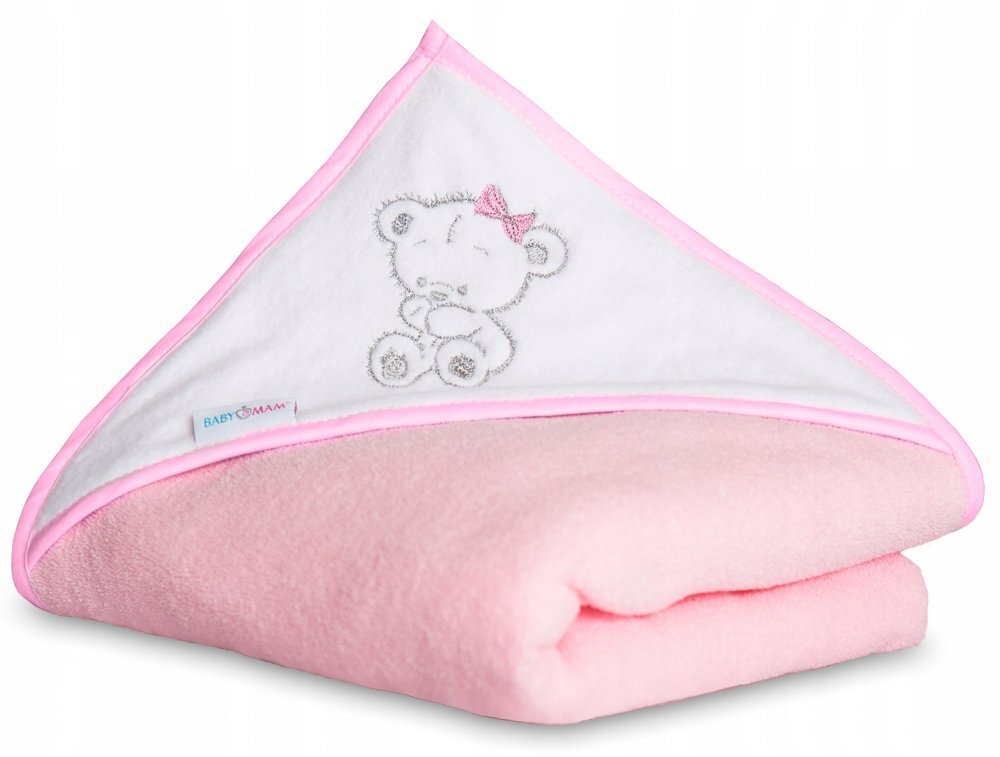 BabyMam Prosop de baie pentru copii prevazut cu capison decorat cu broderie vesela 100 bumbac dimensiune 100 x 100 cm Teddy Bear Pink