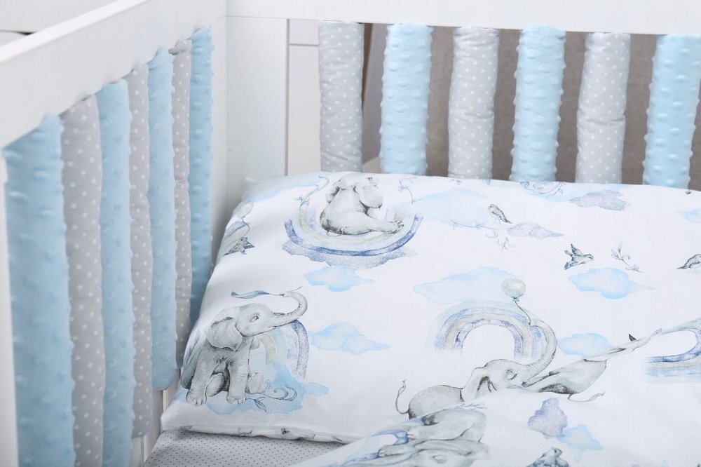 BabyMam Set 20 de protectii individuale pentru patut copii o parte 100 bumbac si cealalta parte din minky moale fixare cu benzi velcro blue