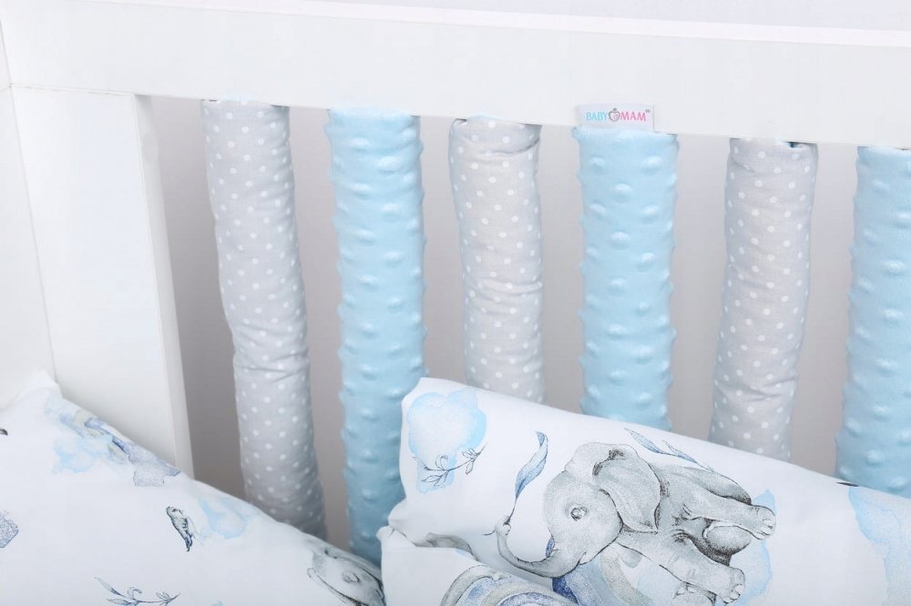 BabyMam Set 20 de protectii individuale pentru patut copii o parte 100 bumbac si cealalta parte din minky moale fixare cu benzi velcro blue