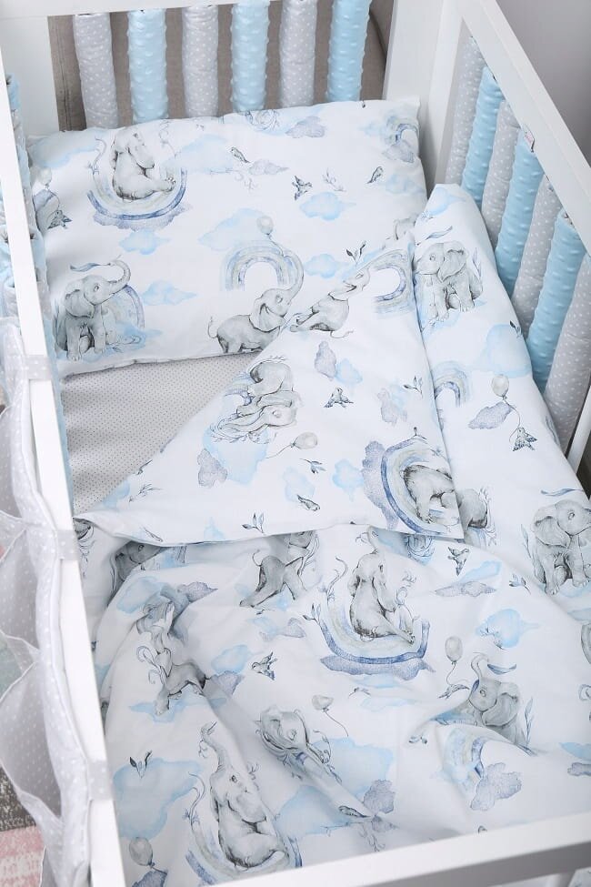 BabyMam Set 20 de protectii individuale pentru patut copii o parte 100 bumbac si cealalta parte din minky moale fixare cu benzi velcro blue