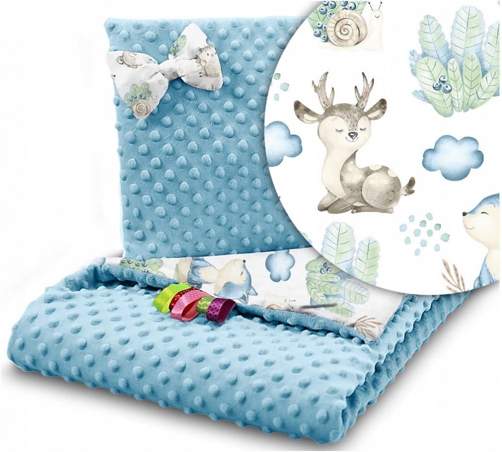 BabyMam Set paturica 75 x 55cm si perna 25 x 35cm pentru copii cu doua fete minky Blue forest