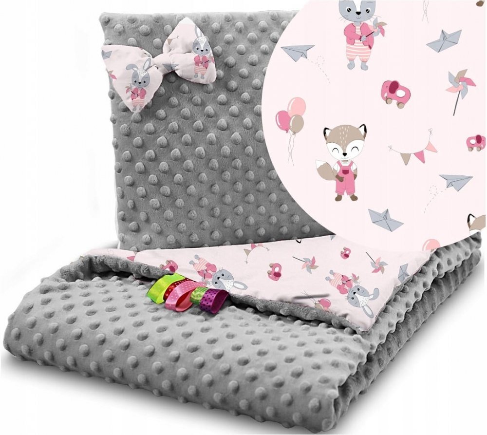 BabyMam Set Paturica 75x100 cm si perna 35x30 cm Minky Grey and Pink balloons