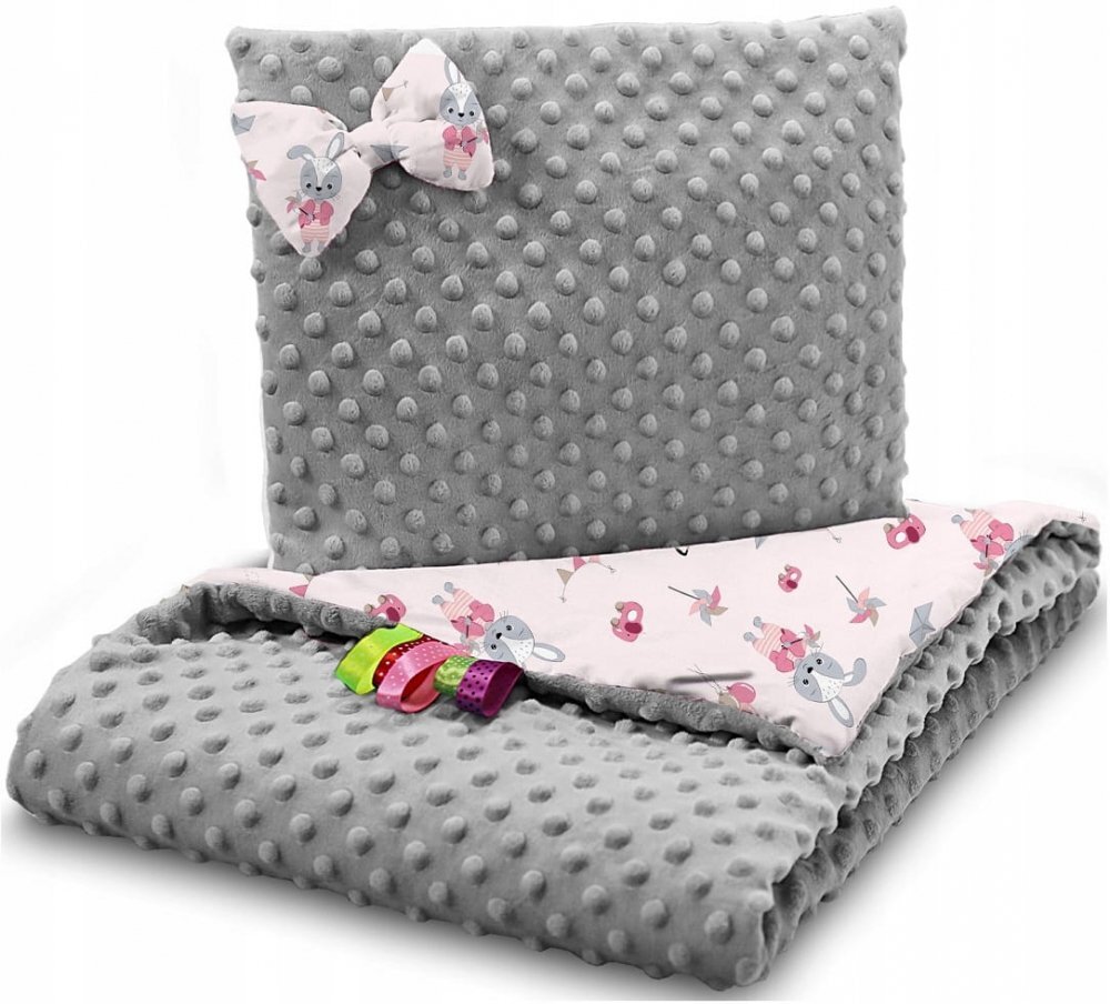 BabyMam Set Paturica 75x100 cm si perna 35x30 cm Minky Grey and Pink balloons