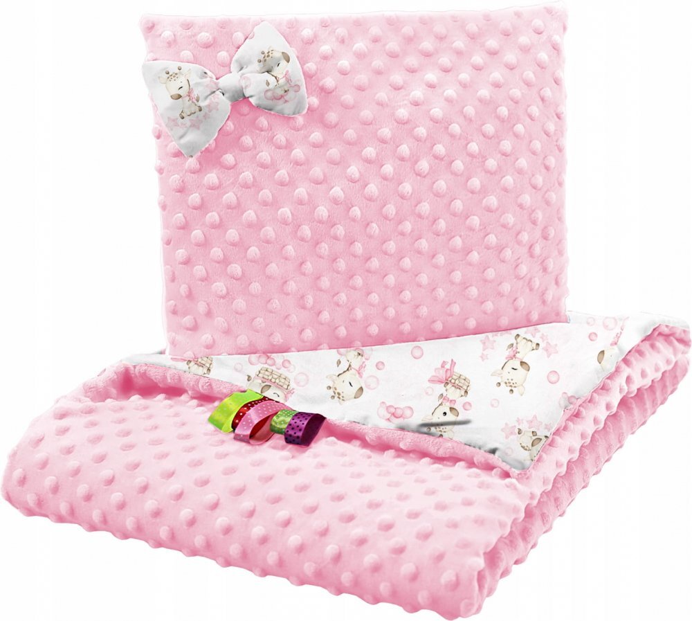 BabyMam Set paturica 75x100 cm si perna 35x30 cm pentru copii minky pink giraffe versatila cu doua fete