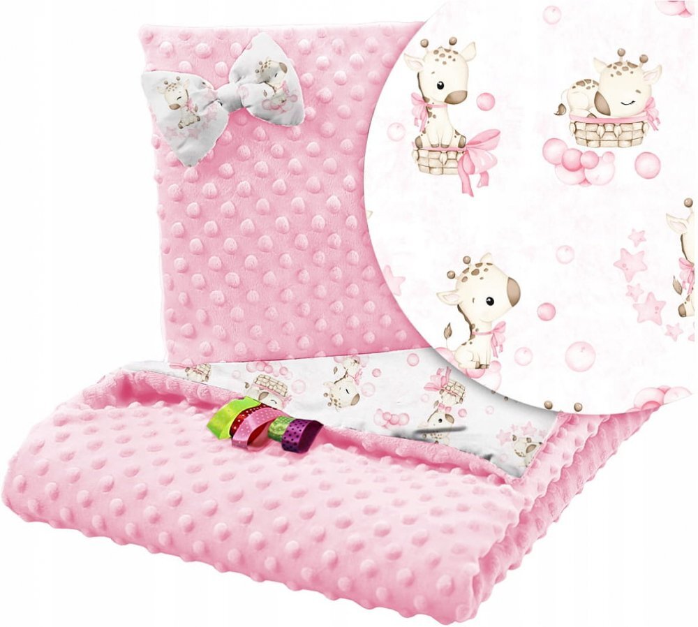 BabyMam Set paturica 75x100 cm si perna 35x30 cm pentru copii minky pink giraffe versatila cu doua fete