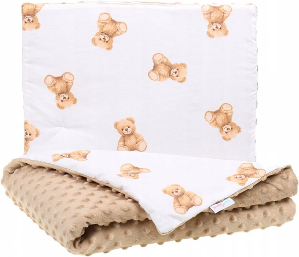 BabyMam Set paturica dubla 75x55 cm si pernuta asortata 25x35 cm pentru copii model minky bej