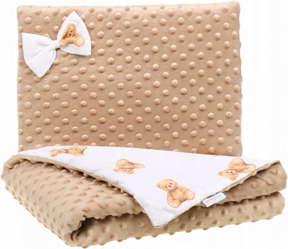 BabyMam Set paturica dubla 75x55 cm si pernuta asortata 25x35 cm pentru copii model minky bej
