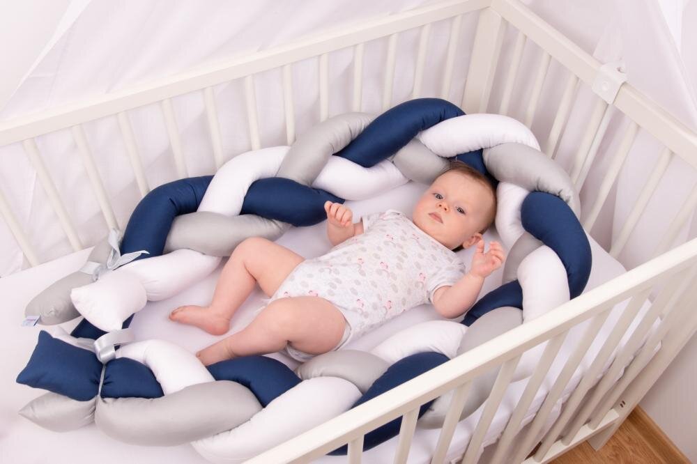BABYMATEX Protectie laterala din bumbac Bumper impletit The Braid GreyNavy 2 m inaltime 16 cm material exterior din bumbac satinat umplutura antialergica din fibre siliconate